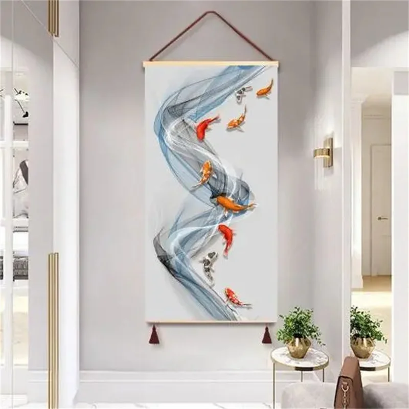 Landscape Lotus Flowers Nine Fish Hanging Cloth Painting No Punching Porch Living Room Decoration Painting Corridor Screen Mura