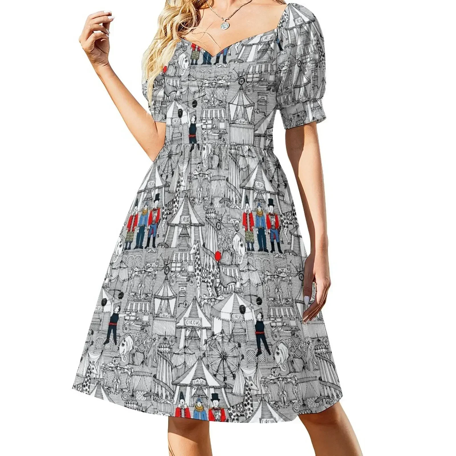 

retro circus bw col Short-Sleeved Dress Elegant gown Dress vintage summer women's dress 2025