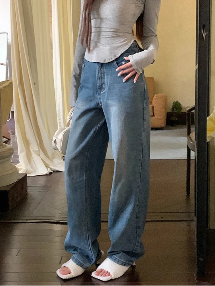2026 Spring Autumn New Stylish Blue High Waist Wide Leg Women Jeans Loose Figure Flattering Versatile Casual Long Pants