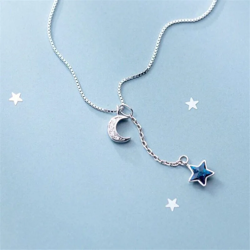 New Arrival Fresh Blue Crystal Star Temperament 925 Sterling Silver Jewelry Full Crystal Curved Moon Exquisite Necklaces  XL245