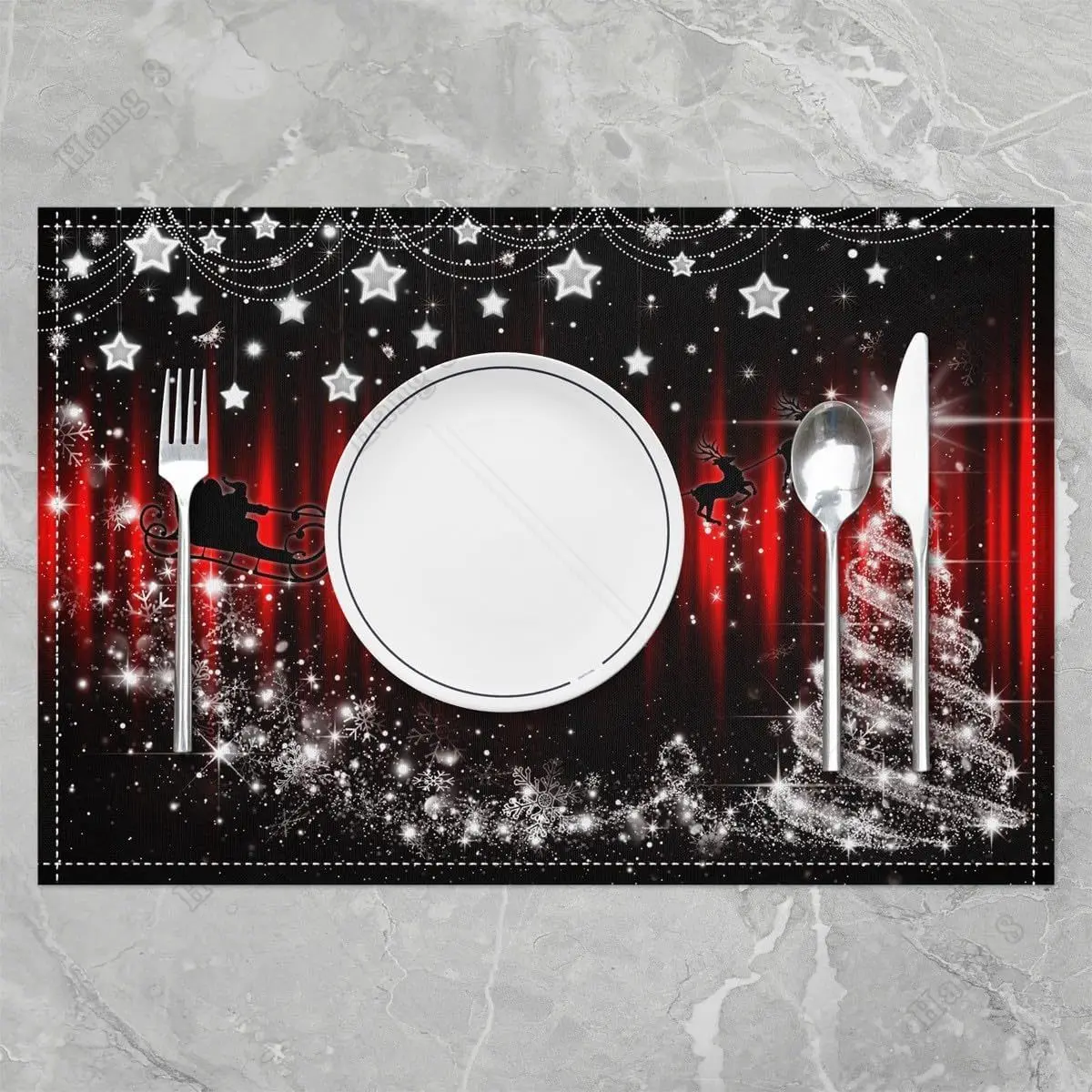 Christmas Placemats 12x18 Inch Set of 4 Cartoon Santa Elk Glitter Xmas Tree Place Mats for Kids Teens Adults Red Black Stripes