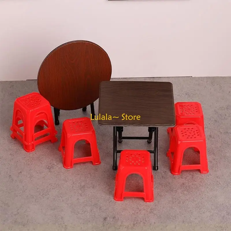 Y4QA 1/12 Miniature Dinning Table Doll House Furniture Set With Red Stools For Realistic Room Kitchen Scene Display Props