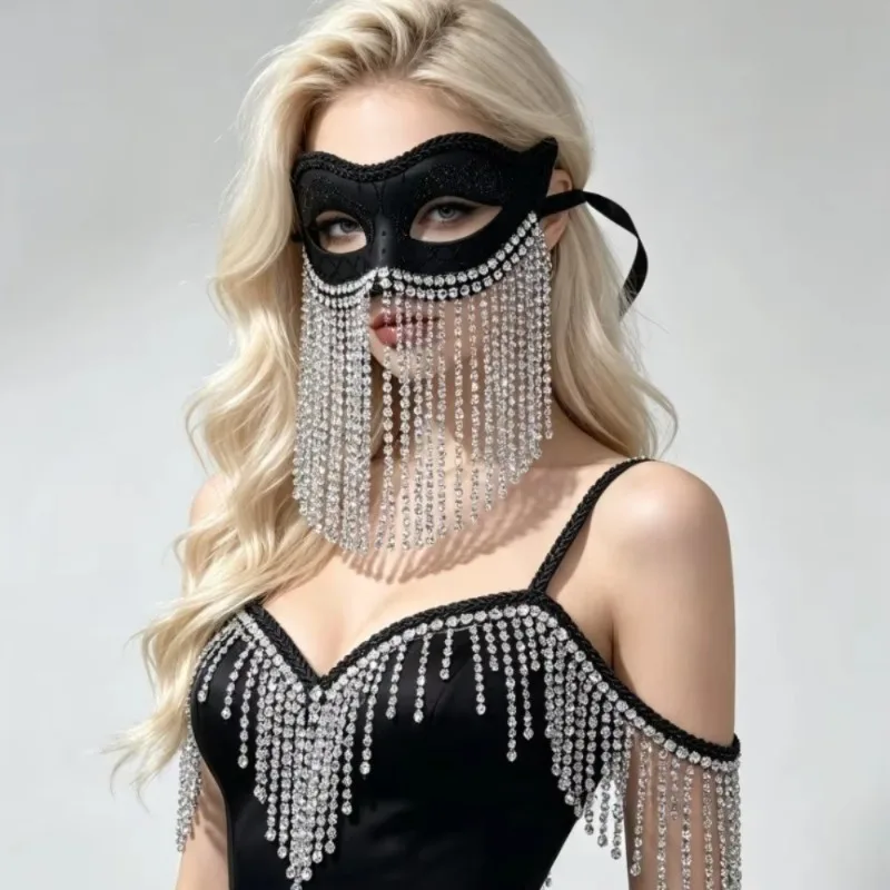 Venetian Half Face Masquerade Mask Glitter Tassel Half Face Mask Rhinestone Black Halloween Mask Party Ball