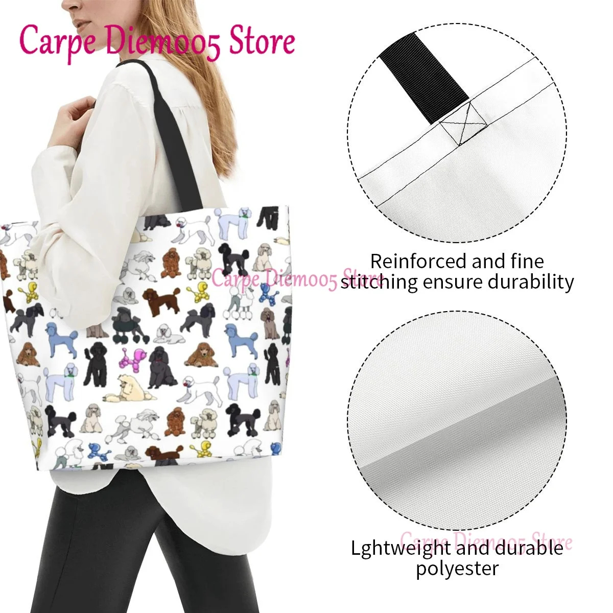 Women Shoulder Bag Poodles White Large Capacity Shopping Grocery Tote Bag For Ladies