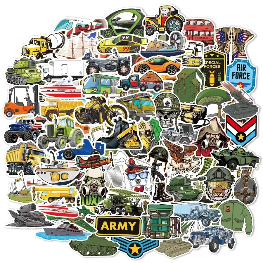 10/100PCS Engineering Vehicle Car Stickers for Laptop Skateboard Guitar Waterproof Military Tank Sticker for Kids Skiing Decals