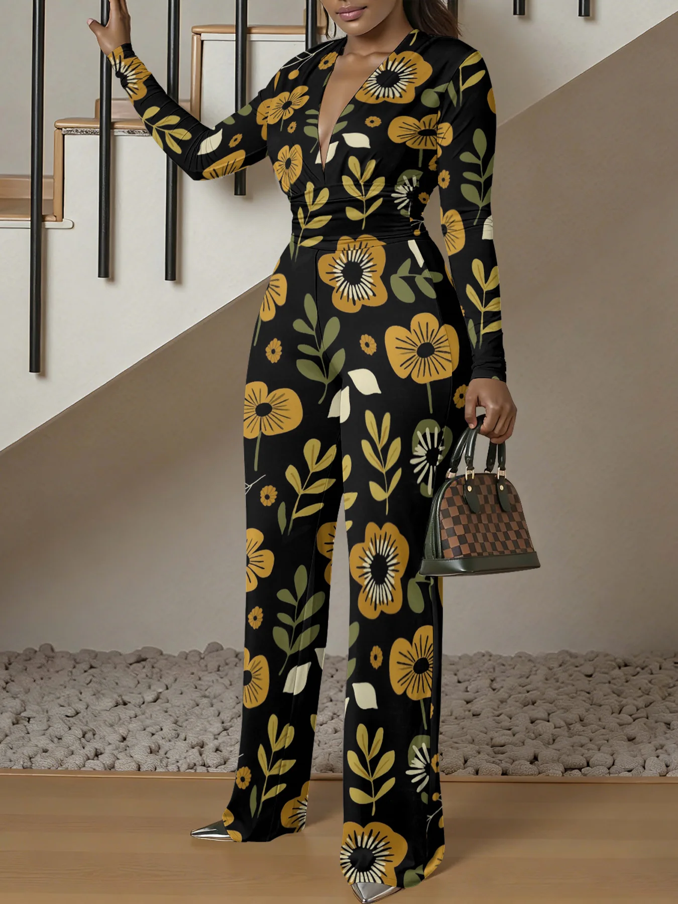 Macacão justo de manga comprida com decote em V, ideal para o outono, feminino, elástico, peça única, para a primavera, roupa de rua de luxo, para fes