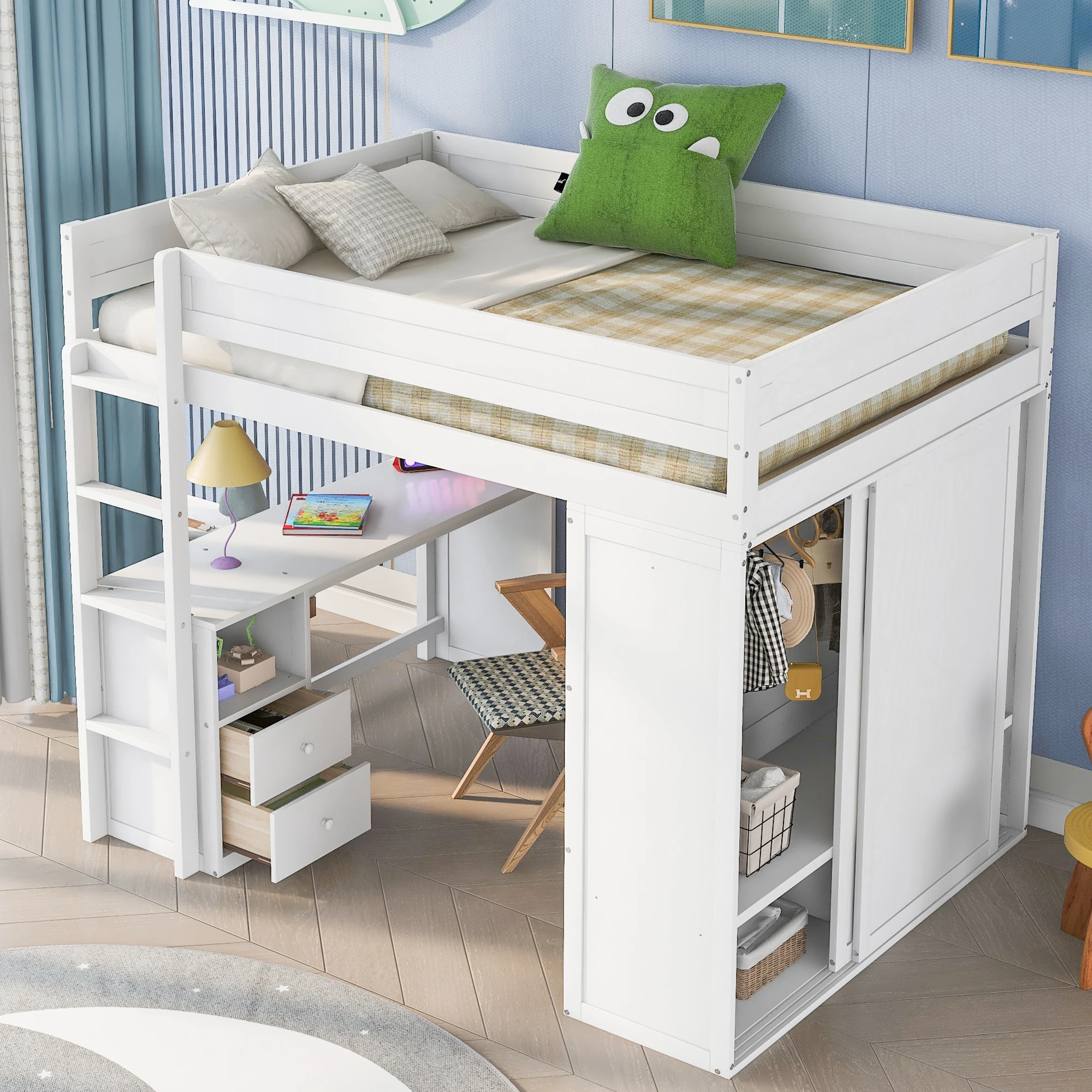 

Wood Full Size Loft Bed with Wardrobes and 2-Drawer Desk with Cabinet, White