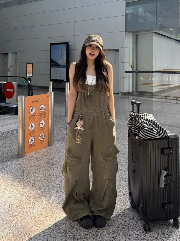 American Retro Denim Overalls Women's Loose Wide Leg Pants Casual Workwear Slimming One-Piece Pants Fashionable Trendy