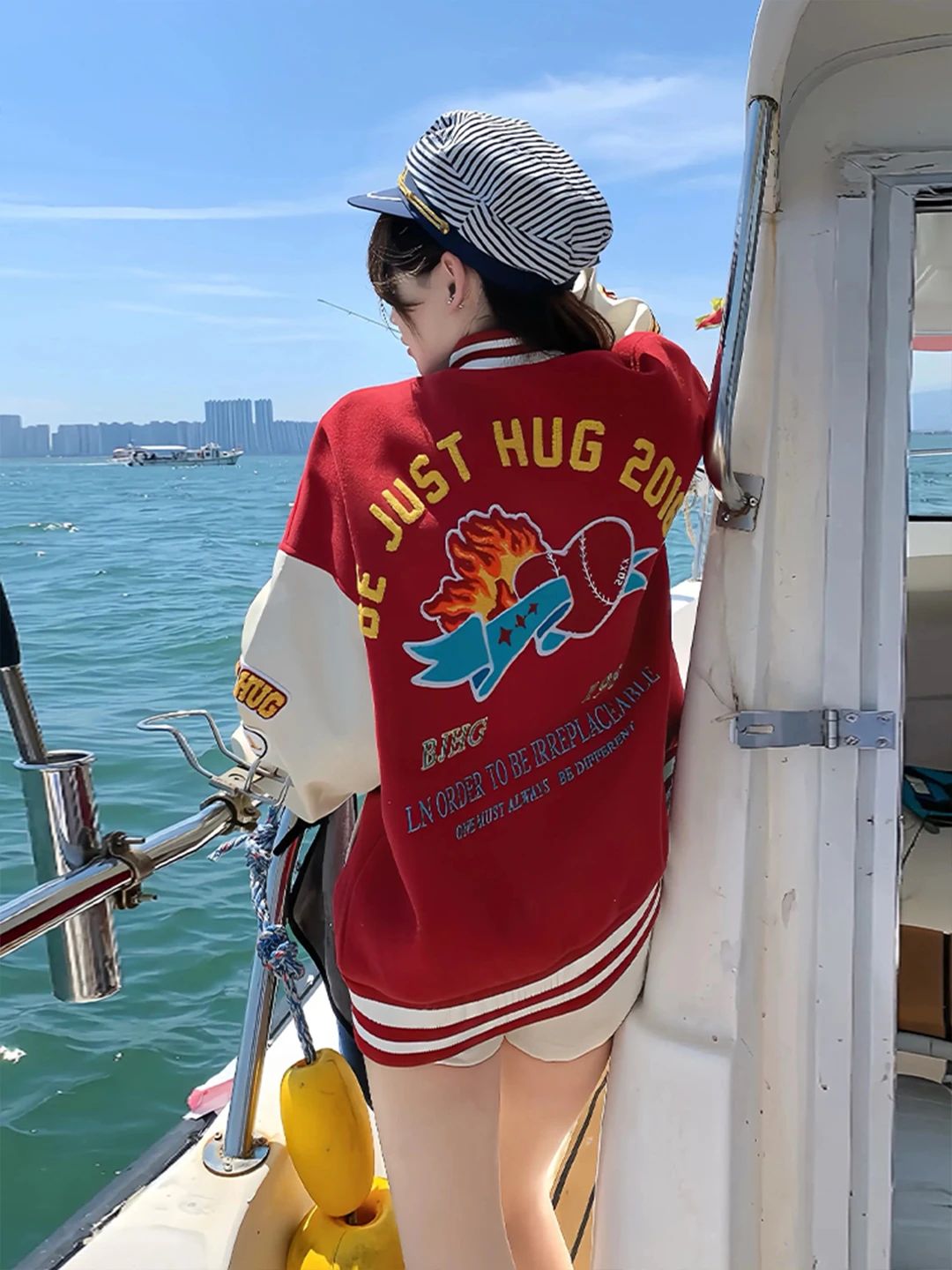 

Red Embroidered Baseball Jaet Women's PU Leather Patchwork Heavyweight Jaet American Trendy Brand Couple's Top