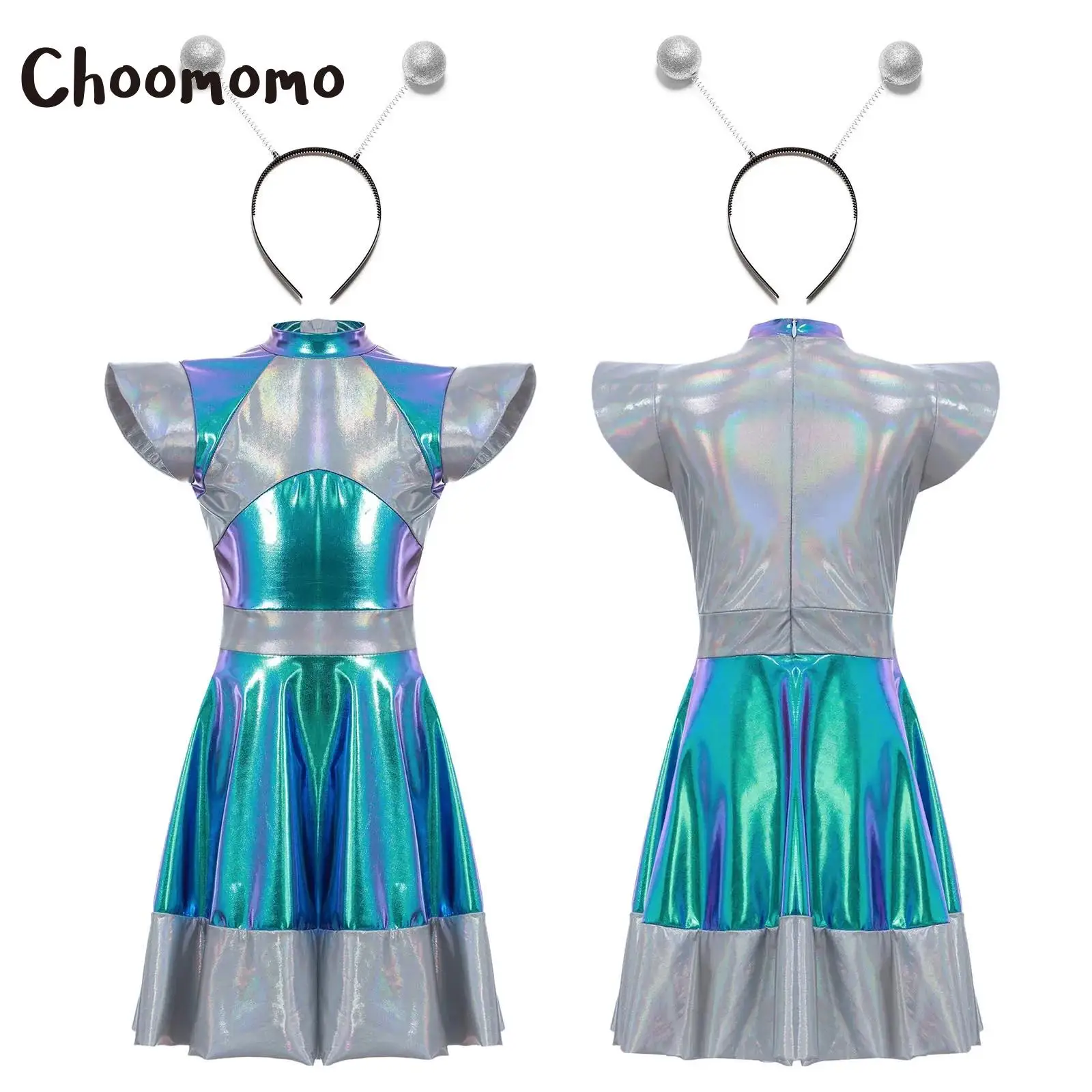 

Girls Halloween Alien Cosplay Costume Shiny Metallic Outer Space Cutie Dress Cap Sleeve Gradients A Line Tutu Dress +Hair Hoop
