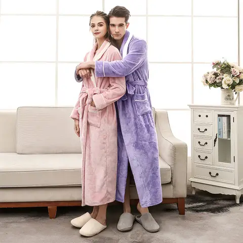Autumn Winter Couple Flannel Nightwear Winter Thicken Warm Soft Robe Gown Sleepwear Women Men Coral Kimono Bathrobe Gown