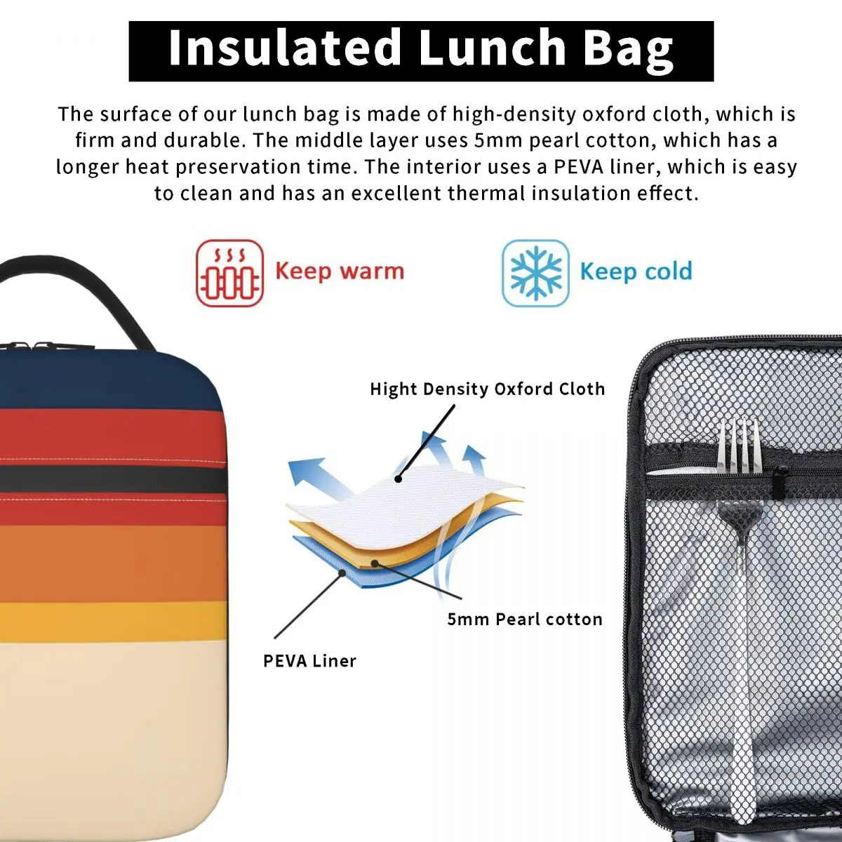 70s Vintage Stripes Retro Insulated Lunch Bag for Women Children Portable Food Boxes Thermal Lunch Box Tote