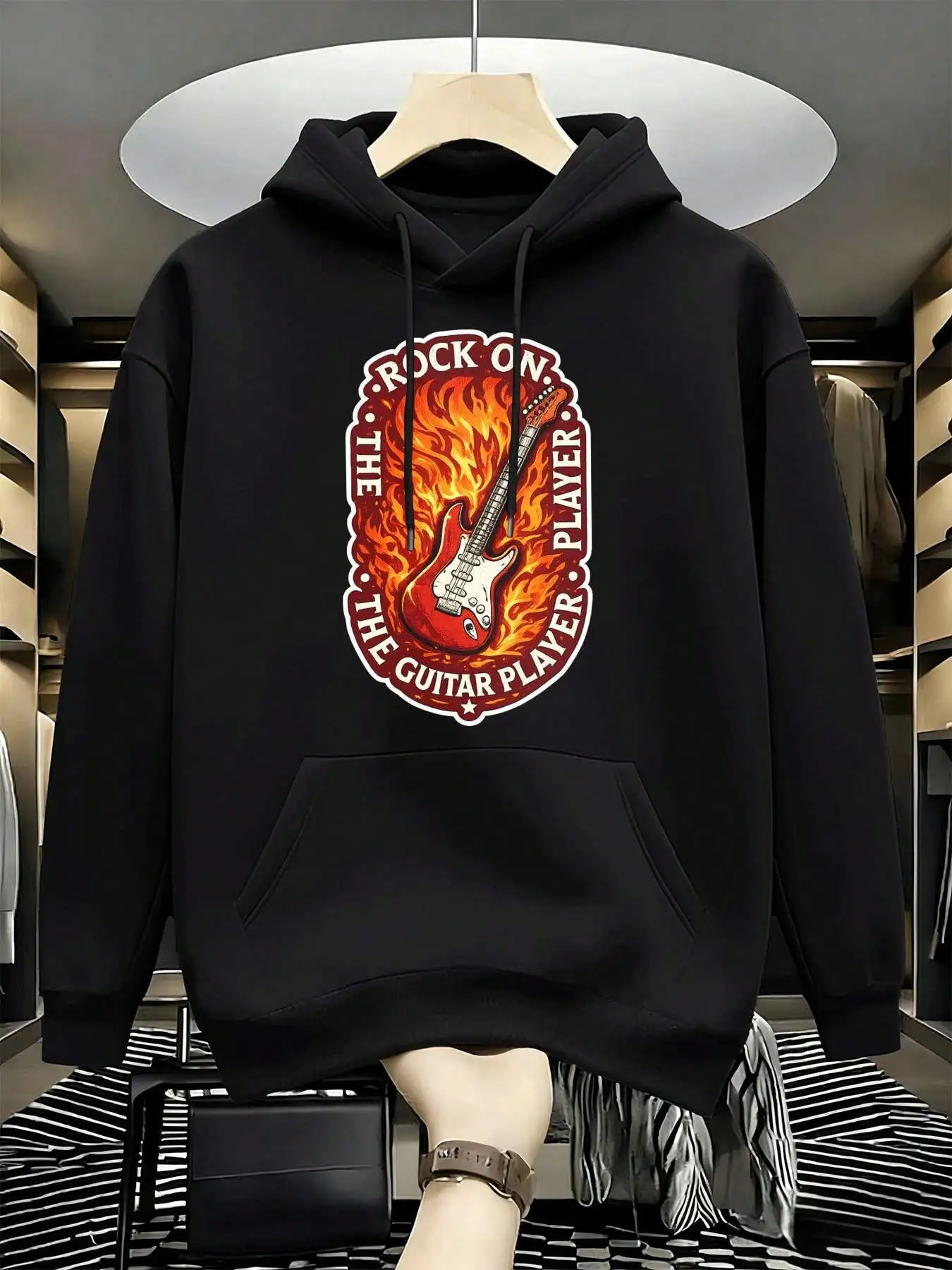 Mens Casual Pullover Hoodie, Rock On The Guitar Player Retro Flame Electric Guitar Back‑Side Graphic Print Hooded Sweatshirt, Loose Fit Long Sleeve Hoody With Pocket For Rock Music Lover Street Daily Wear