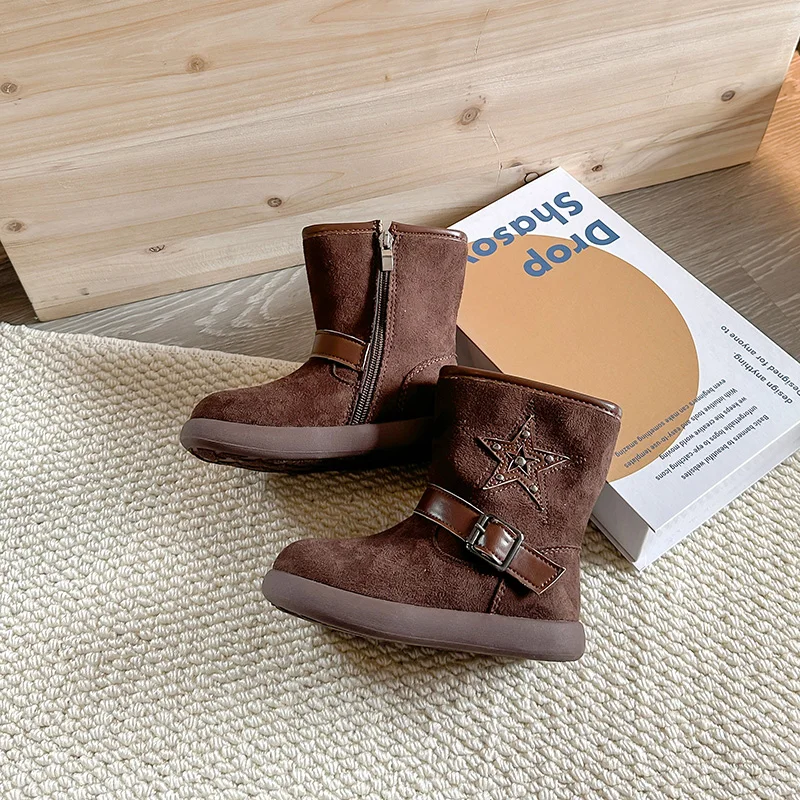 Little Girls Cozy Plush Lined Leather Boots with Star Buckle 2025 New Winter Kid Platform Ankle Boots Non-slip Retro Style Boots
