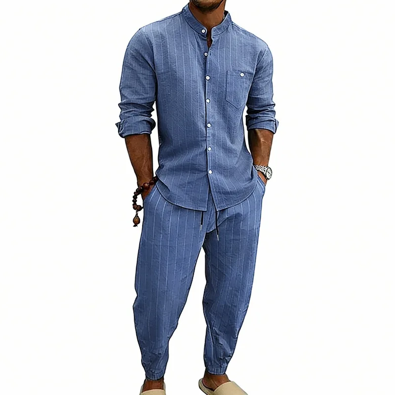 Conjunto Casual de Lino para Hombre KEXU de Verano, Camisa a Rayas Estilo Urbano + Pantalones Jogger, Conjunto de Dos Piezas