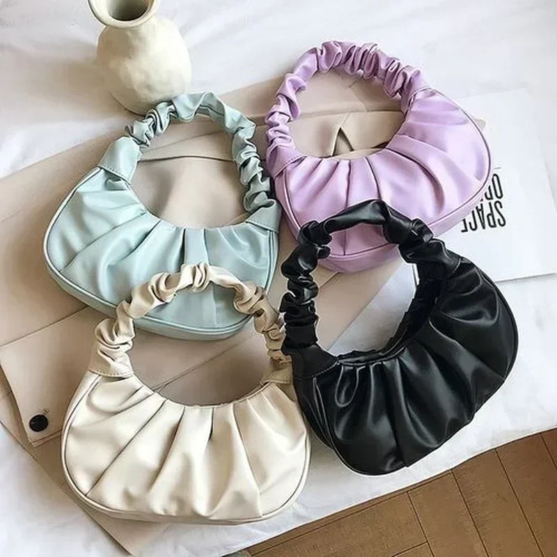 

New Korean Women's White Outfit Cloud Pleated Shoulder Solid Color Casual Leather Underarm Fashionable Retro Small Handbag