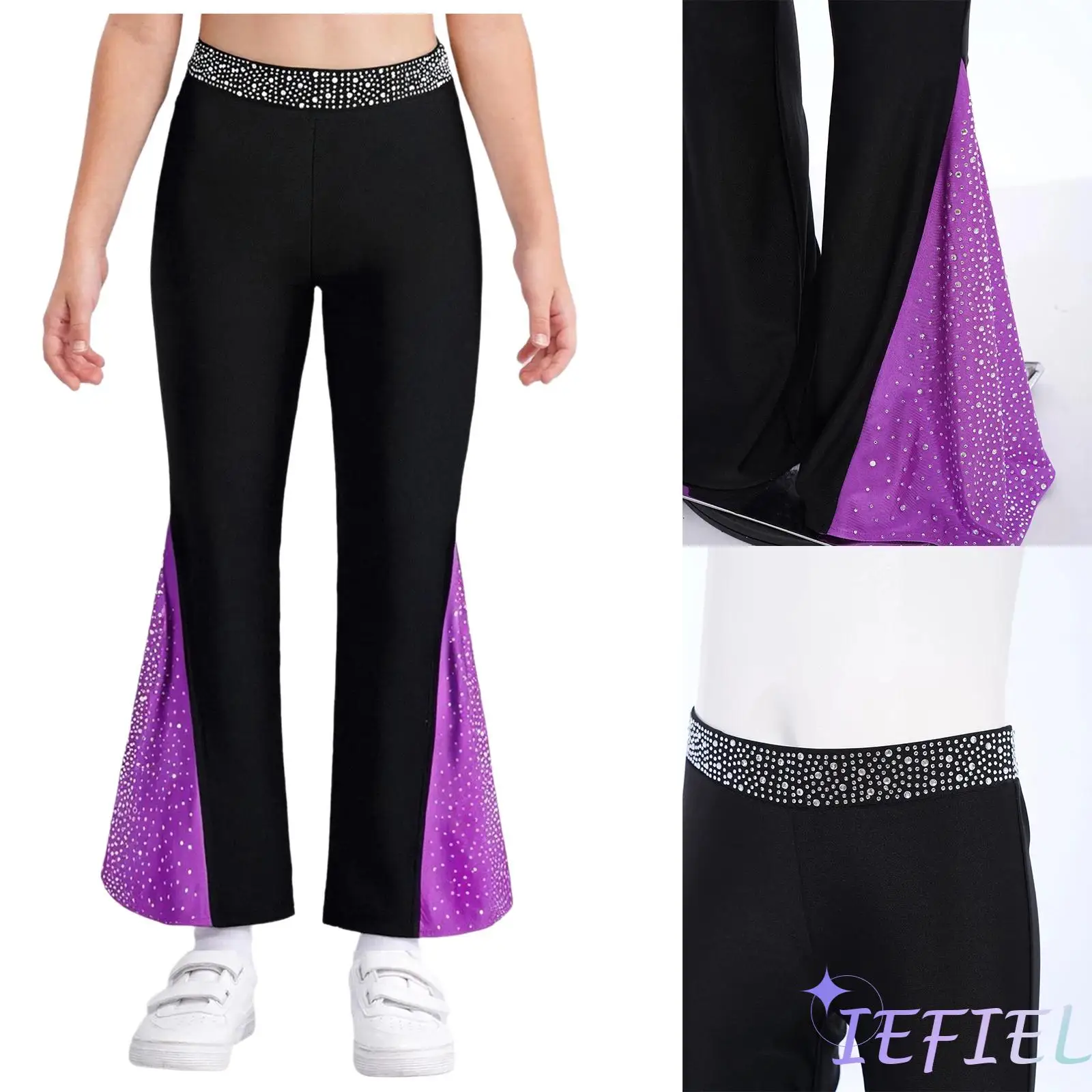 

Girls Jazz Dance Performance Costume Elastic Waistband Shiny Rhinestones Color Block Bell-Bottomed Pants Figure Skating Bottom