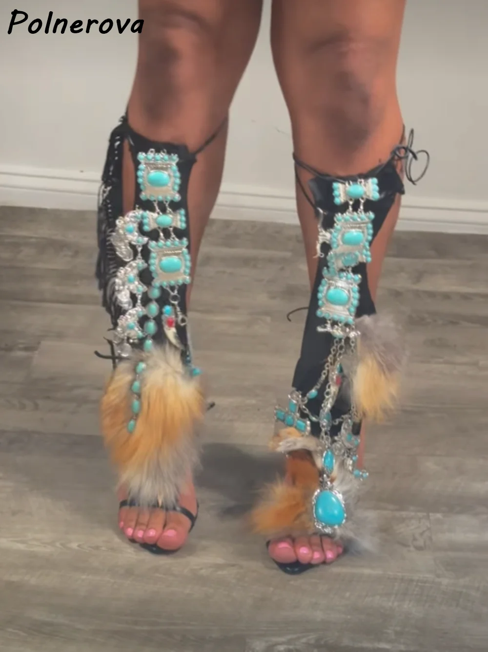 Bohemian Turquoise Fur Embellished Sandals Boots Black Leather Native American Style Shoes Festival Statement Summer Shoes