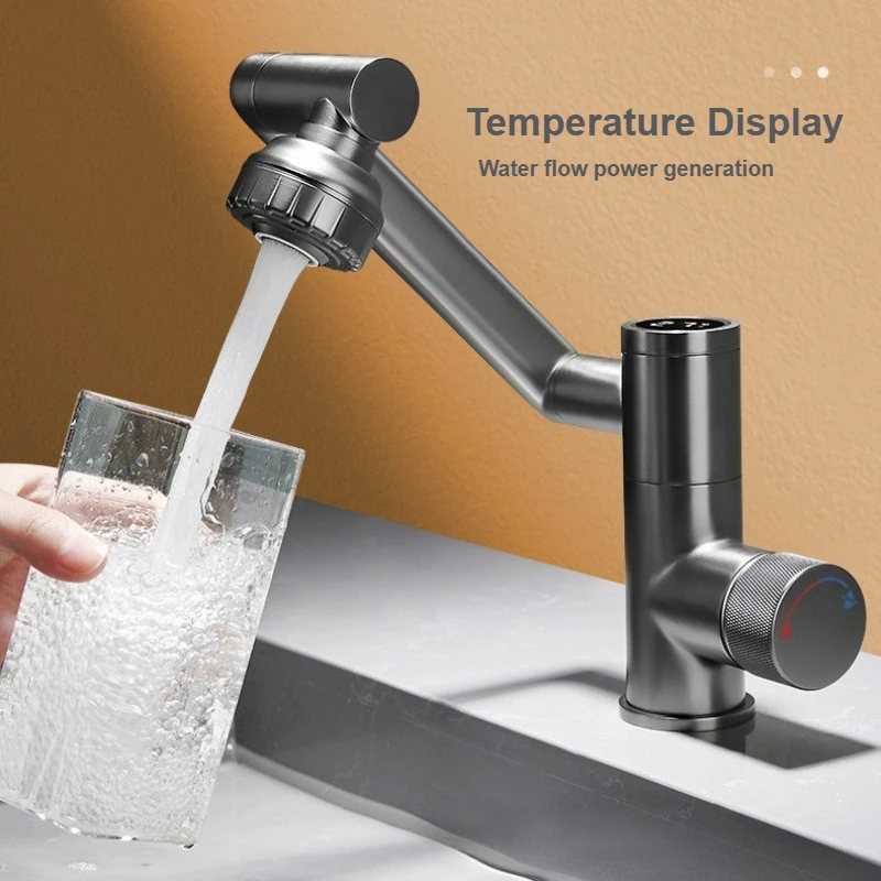 

Смеситель для горячей и холодной воды в ванной комнате, светодиодный дисплей температуры, серый поворотный смеситель с регулируемым углом воды