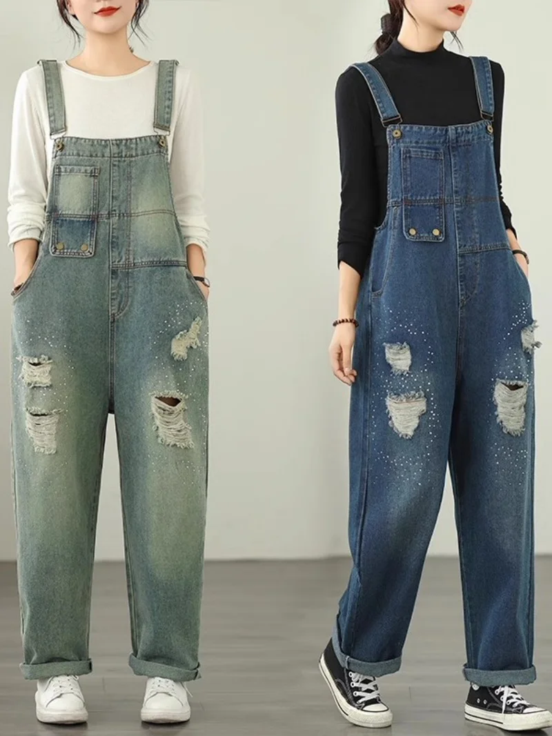 Fashionable Retro Distressed Denim Overalls For Women 2025 Autumn Large Size Loose Straight Leg Jumpsuit Trend Jeans w443