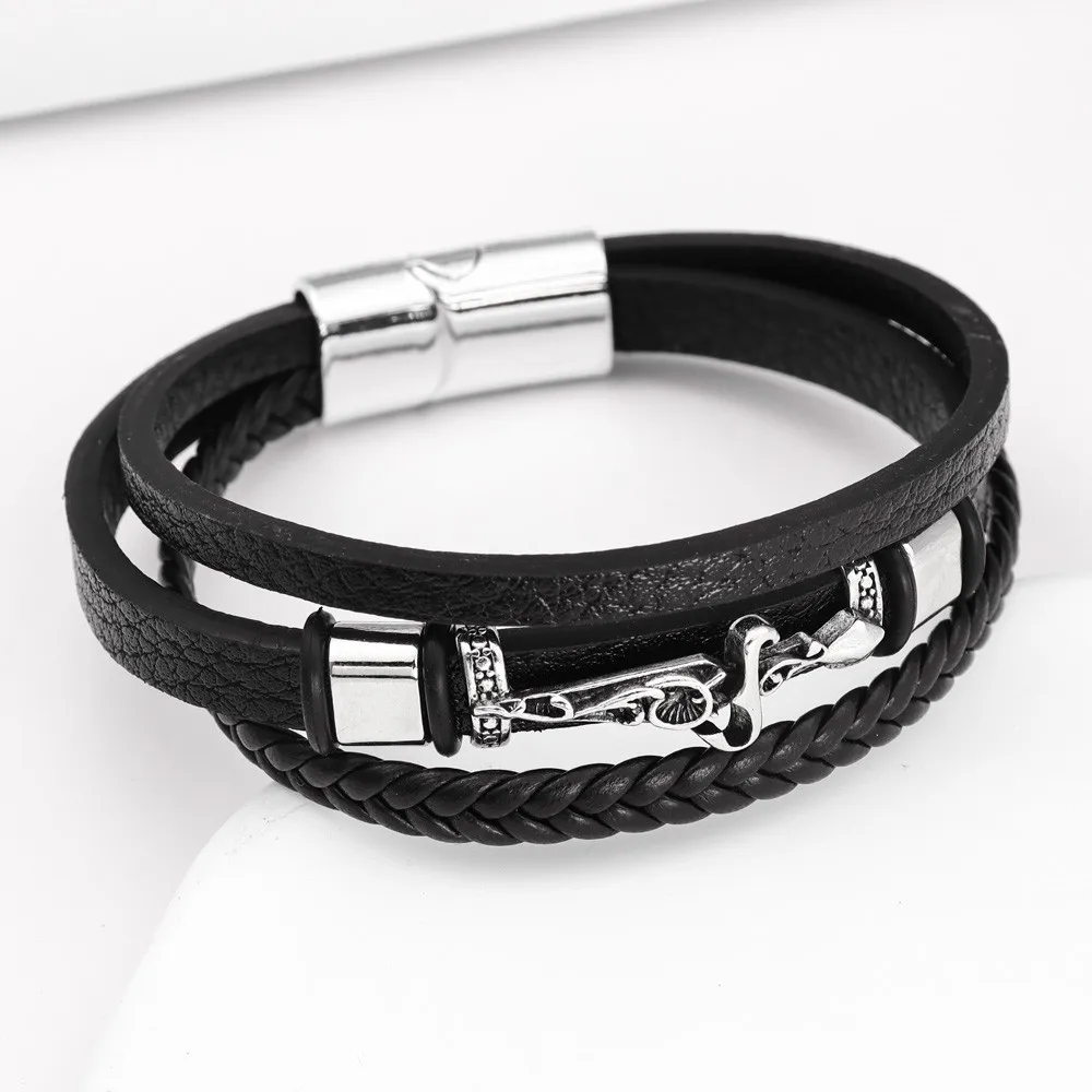 Trendy Multi-Layer Leather Woven Sword Cross Bracelet Charm Men\'s Bracelet New Fashion Hip Hop Punk Jewelry Accessories Gifts
