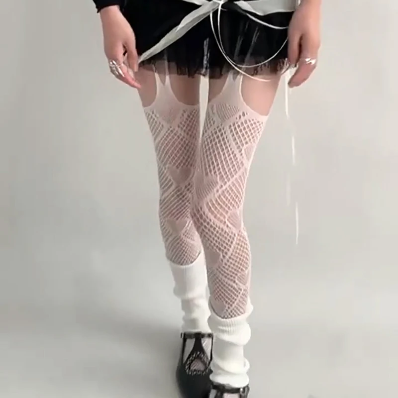 Calças justas com estampa de coração para mulheres, meia-calça gótica sexy, meias corporais, teia mágica, malha Fish Net, punk