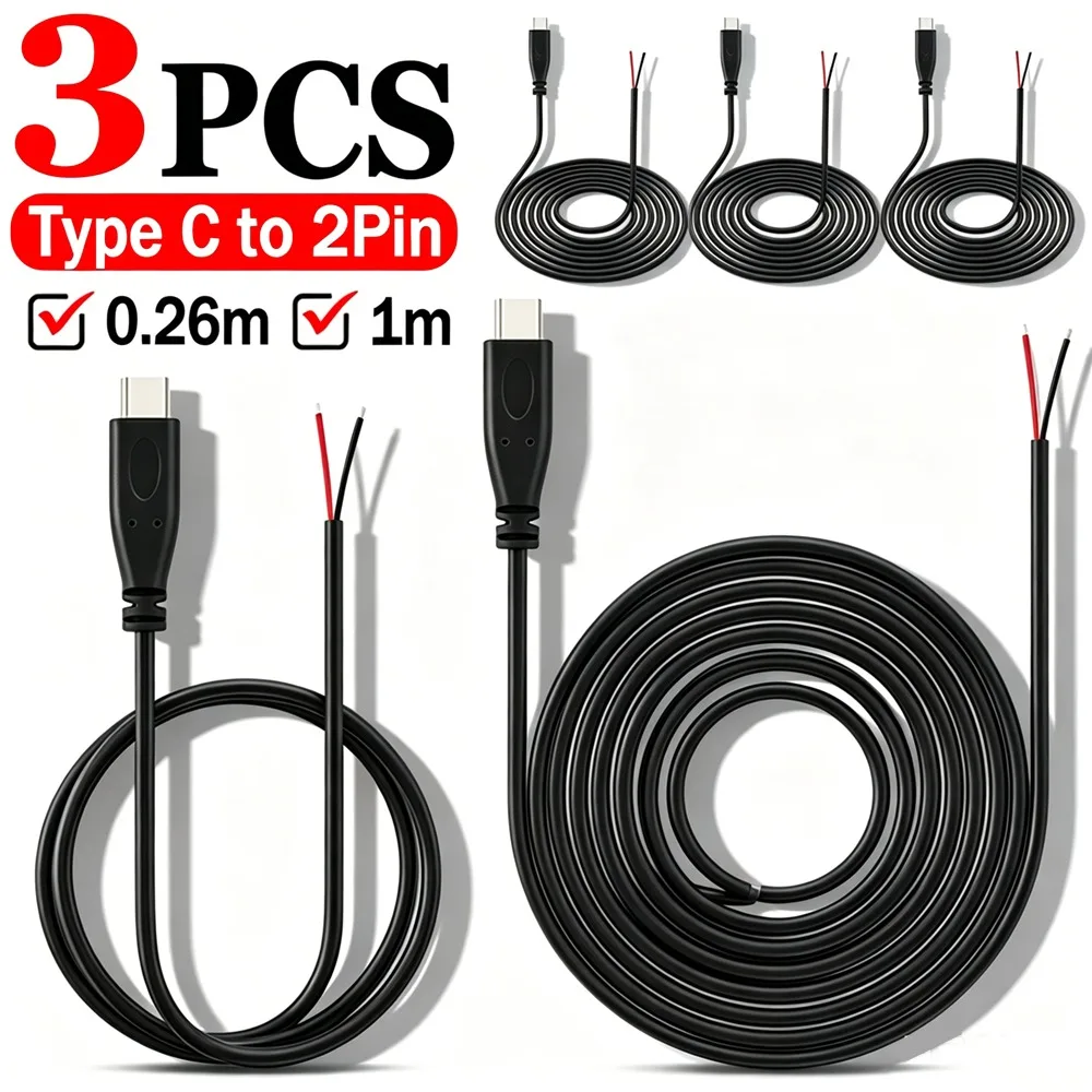 1-3PCS USB Type-C Pigtail Cable Extension Power Cable USB-C Plug To 2 Pin Bare Wire Open End Connector for DIY Repair Wire Cord