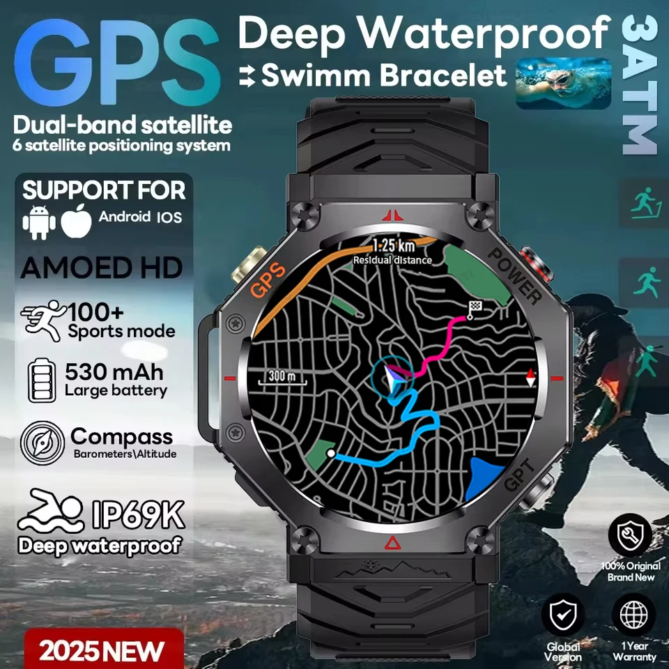 

Смарт-часы T-Rex 3 Ultra Military Grade с GPS, водонепроницаемостью 5ATM, компасом, альтиметром, барометром, AMOLED-дисплеем, HD-вызовами и спортивными функциями для мужчин