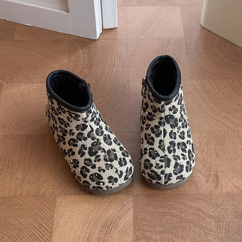 Mumoresip Luxury Kids Rhinestone Ankle Boots Winter Warm Girls Leopard Plush Boots Outdoor Side Zipper Children Thermal Boots