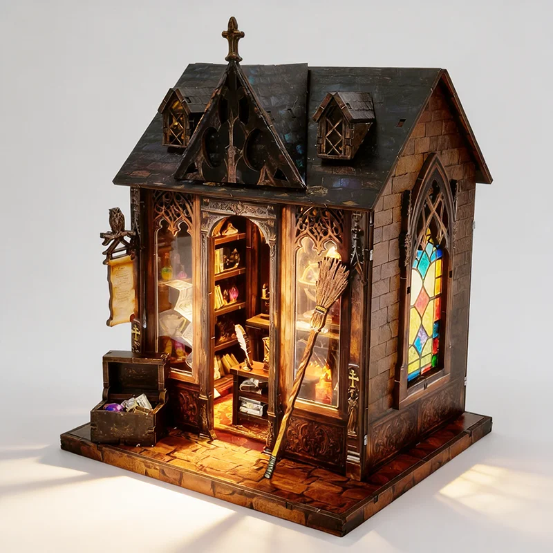 Magic Theme DIY Dollhouse Kit Wooden with LED Light Mystical Gift for Fantasy Lovers Retro Decor