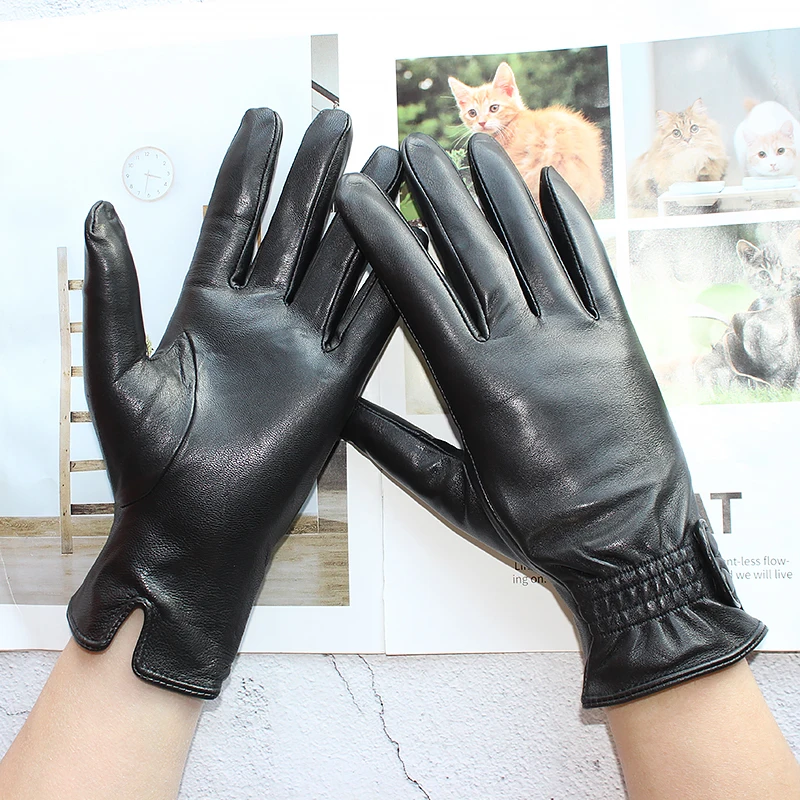 New Sheepskin Gloves Ladies High Quality Imported Leather Fashion Driver Fingered Velvet Winter Motorcycle Riding Driving Gloves