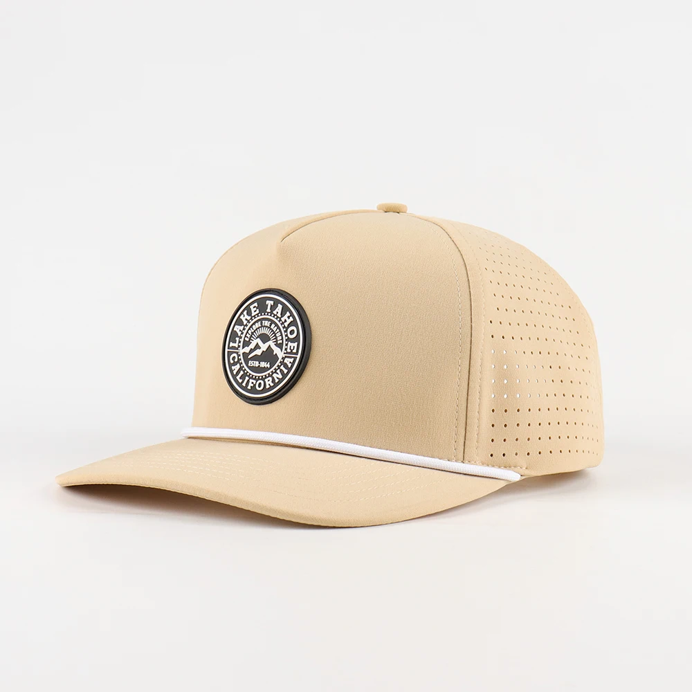 

Wholesale 5 Panel Vintage Golf Hat for Men Custom Logo Laser Cut Perforated Cap for Sport Outdoor Rubber Patch Waterproof Hat