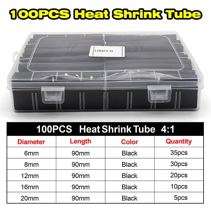 DIY Repair Black 4:1 Heat Shrink Assortment 100Pcs Dual Wall Adhesive Flame Retardant For All Electrical Wire Cable Protection