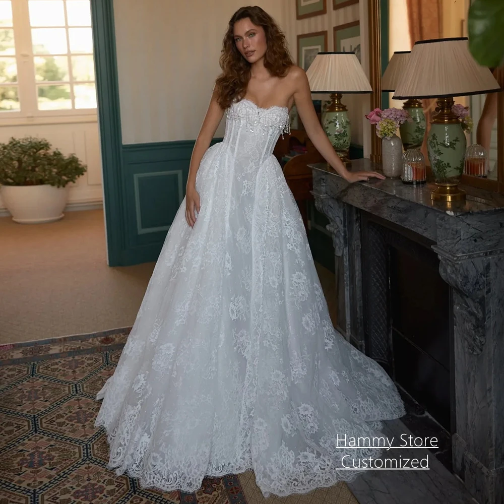Customized Romantic Princess Wedding Dress Sweetheart Sleeveless Pearls Crystal Sweep Train A Line Lace Corset Bridal Gown