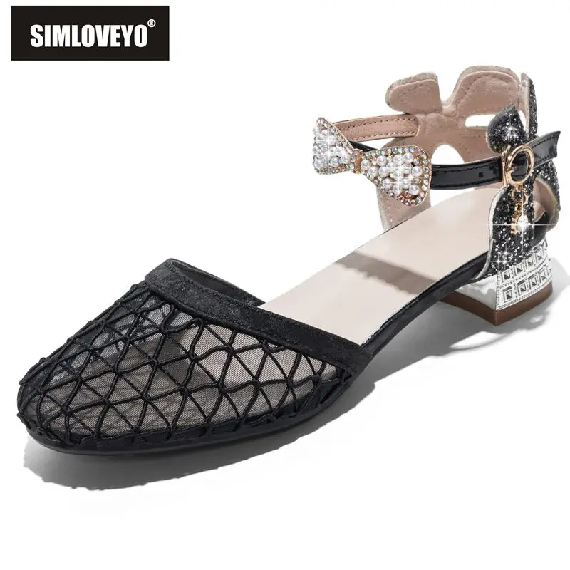 

SIMLOVEYO Women's Breathable Mesh Sandals Round Toe 4.5cm Block Heel Buckle Strap with Crystal Bowknot Casual Small Sizes 31-32