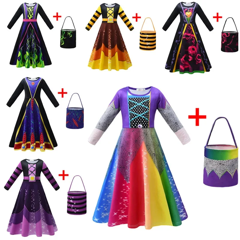 Anime Friday witch cosplay colorful dress girl Halloween Carnival party dress Gothic weln costume rainbow Dres candy bag