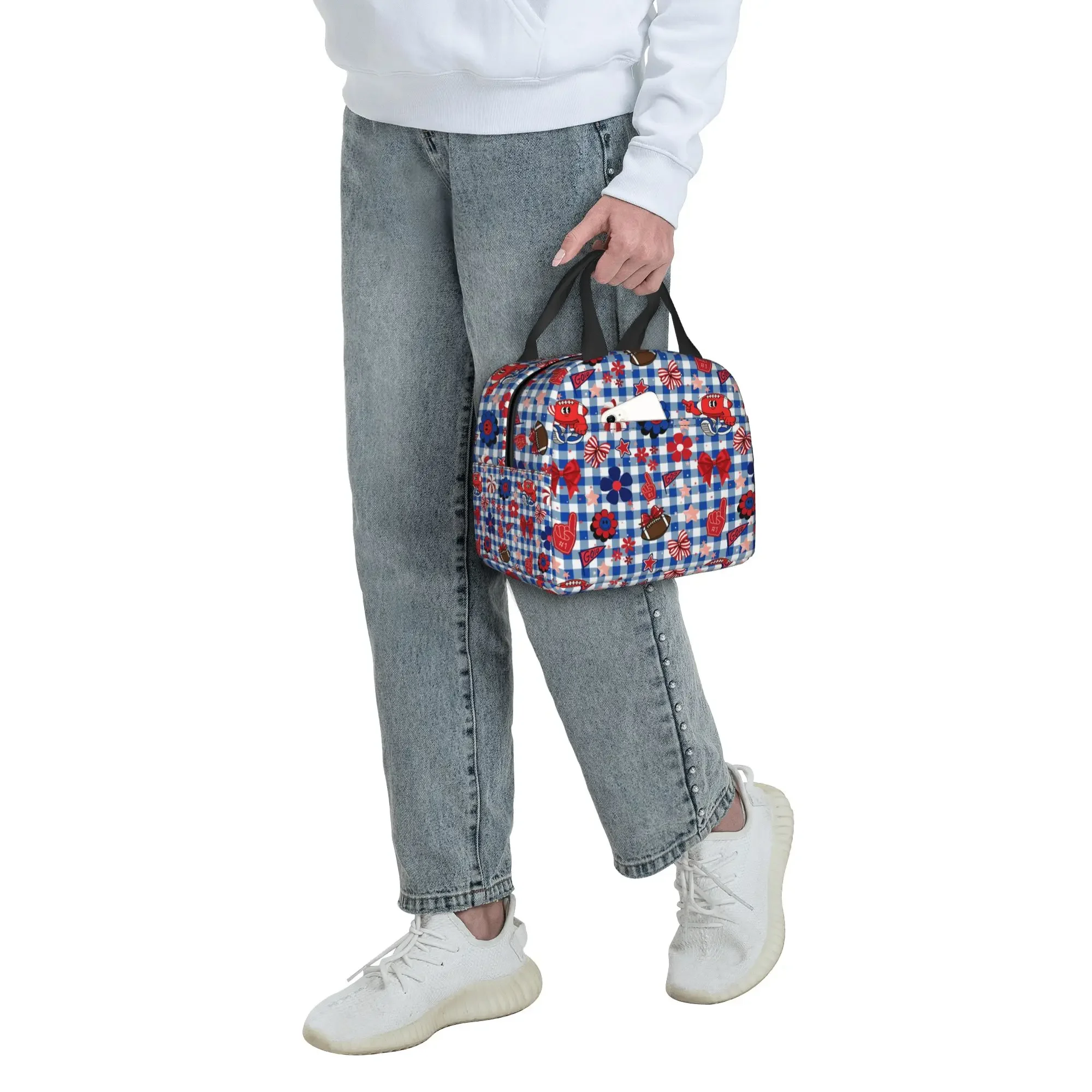 Gingham Plaid Rugby Union Cheer Bows Football Portable Lunch Boxes for Leakproof  Cooler Thermal Food Insulated Lunch Bag School