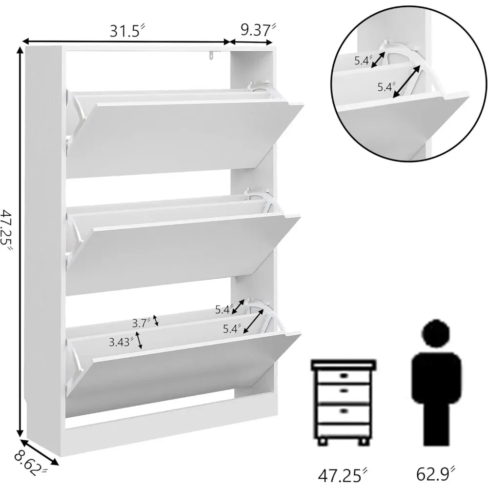 Shoe Cabinet Storage for Entryway, Shoe Cabinet Storage with 3 Flip Drawers, Shoe Cabinet for Entryway Slim Space, 3 Tier White