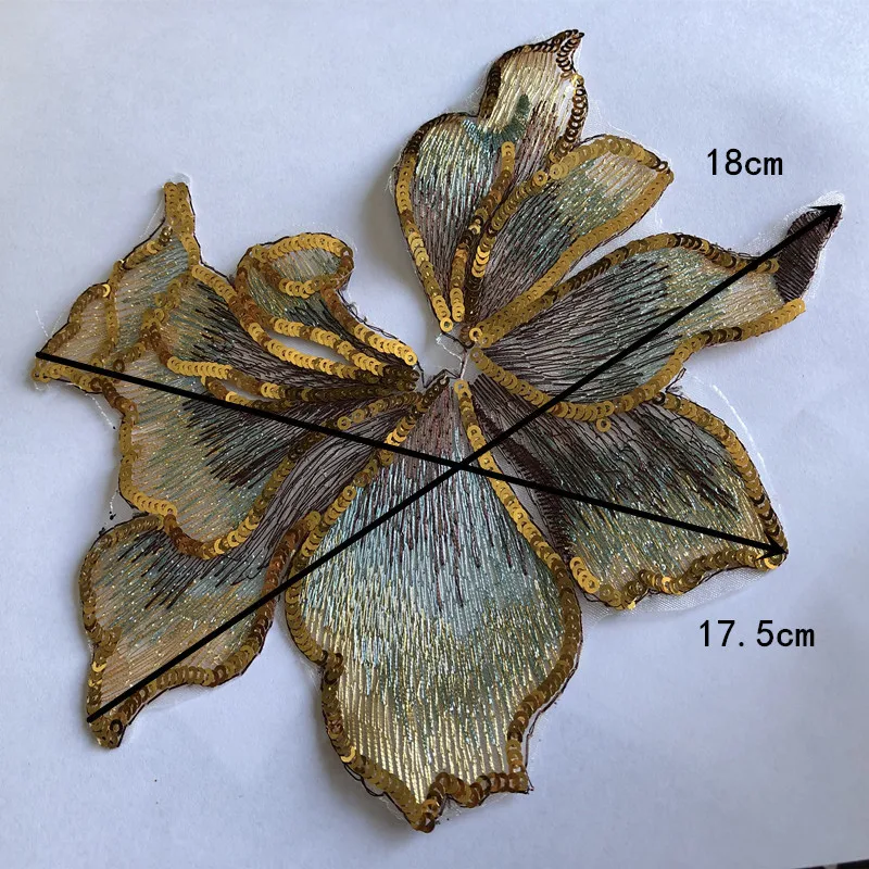 1 Stück, 7 Stück/18*17,5 cm Rot, Gold 3D-Blumen-Stickerei-Applikation mit Pailletten zum Aufnähen, große Pailletten-Aufnäher und Spitzenapplikationen für Jeans – Detail 1