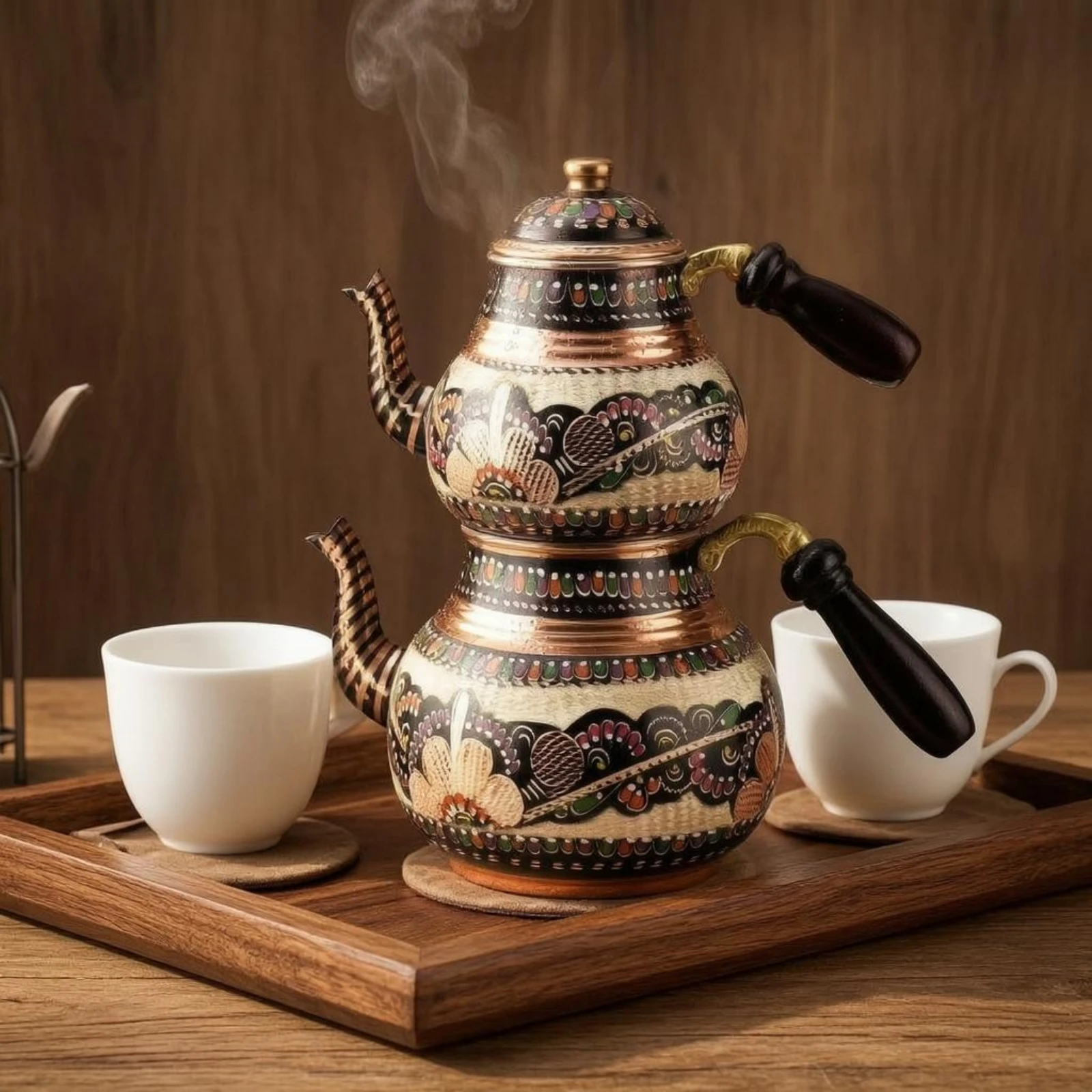2 Pieces Nested Lidded Teapots Painted Detailing Violet-Hued Copper Teapots Teapot Set Glossy Finish Decorative Item Curved