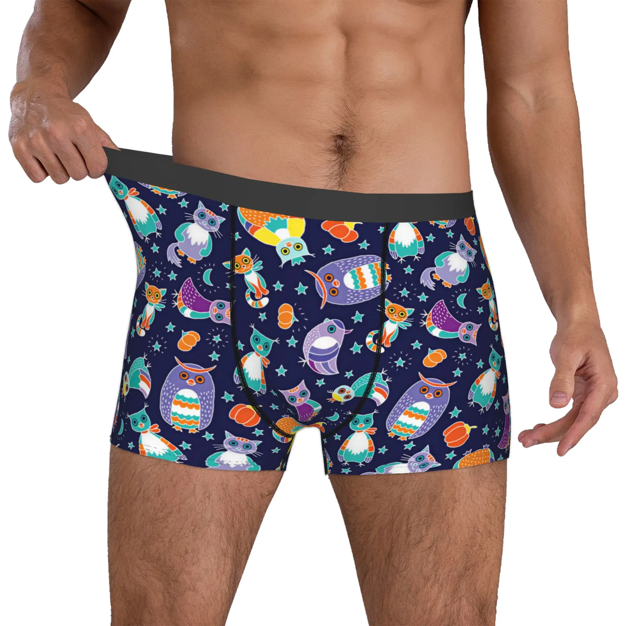 Cute Owls And Cats Seamless Pattern Boxers Shorts Mens  Briefs Underwear Novelty Underpants