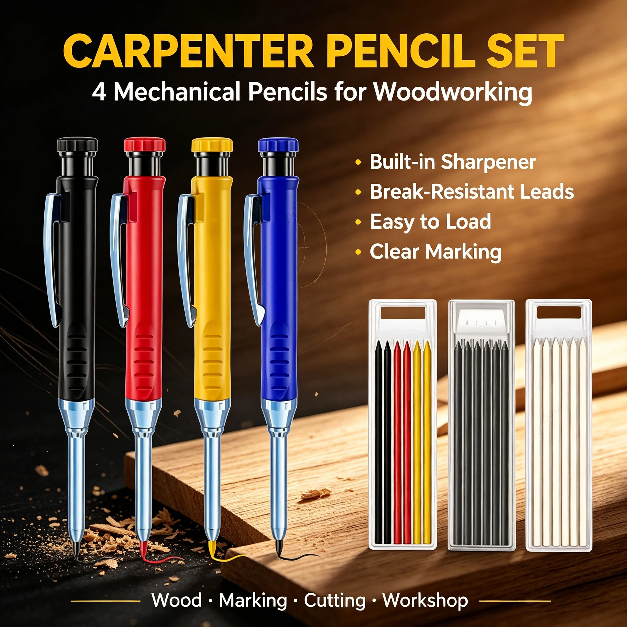 Solid Carpenter Mechanical Pencil with Sharpener Woodworking Tools 2.8mm 3 Colors Refill Construction Tools Stationery Supply