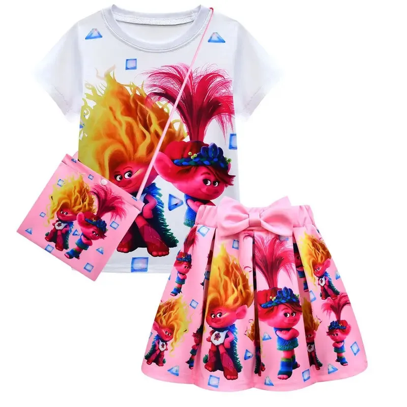 111 www Kids Halloween Queen Trollsing 3 Fantasy Dress Girls Clothes Sets Summer Cartoon Print T-Shirt+skirt Bag Short Sleeve To