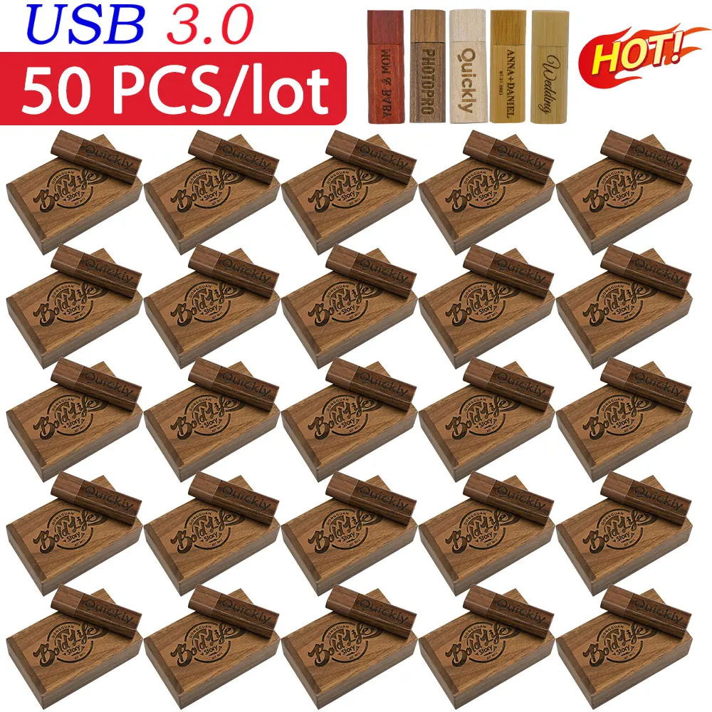 

50 pcs/lot USB 3.0 Wooden Box Pen Drive Free Custom Logo USB Flash Drive Bamboo Pendrive Wedding Gift Memory Stick 128GB 32GB