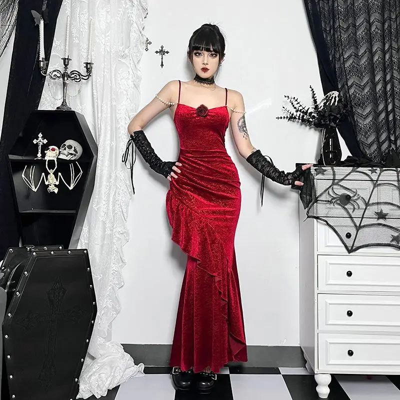 Dark Goth Rose Camisole Wine Red Dress Spring And Fall Slim-fit Wrap Hip Fish Tail Long Dress Elegance Subculture