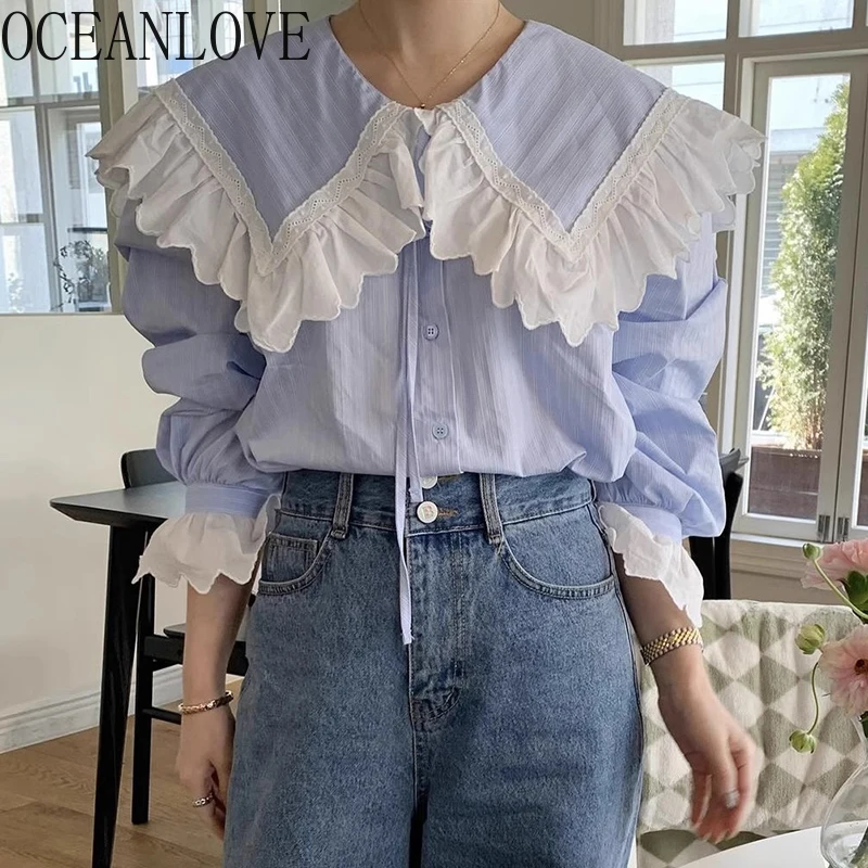 

OCEANLOVE Sailor Collar Blouses Ruffles Spring Fall Contrast Color Women Shirts Korean Fashion Elegant Retro Sweet Blusas Mujer