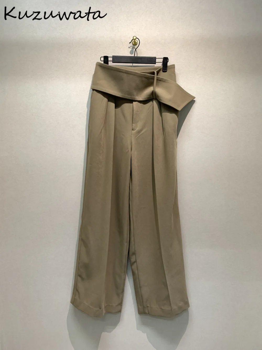 Kuzuwata Straight All-match Loose Elegant Commuter Pants High Waist Belt Ruched Minority Trousers Japanese Moda Vintage Capris