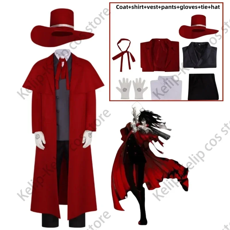 

Anime Cartoon Hellsing Alucard Cosplay Costume Red Uniform Long Cloak Coat Trench Hat Adult Man Halloween Christmas Party Suit