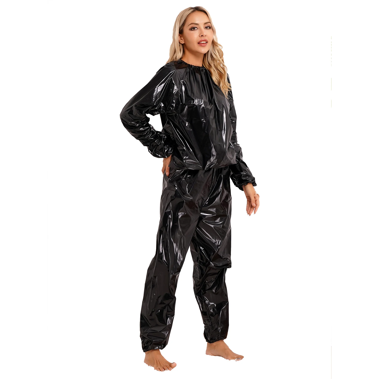 2Pcs Women Sauna Suit PVC Long Sleeve Elastic Cuff Top Pants Set Fitness Gym Workout Outfit Sweat Suits for Adults Clothes Sets