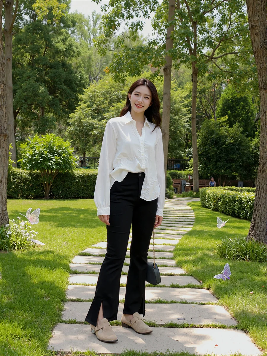 Pantalones vaqueros ajustados con dobladillo acampanado para mujer, pantalón informal, holgado, de cintura alta, a la moda, color negro cielo, ropa de calle cómoda para verano